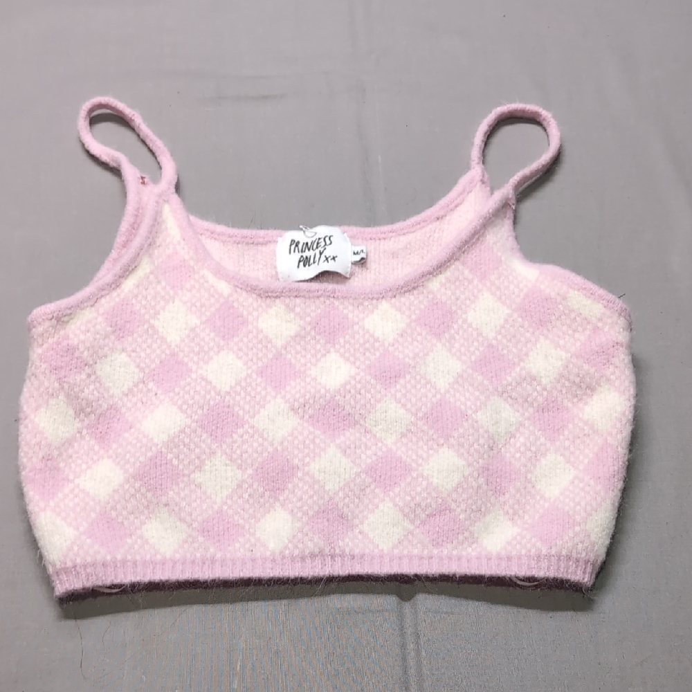 Princess Polly Pink Argyle Knit Crop Top Cami Fuzzy Sweater Tank‎ Womens ML